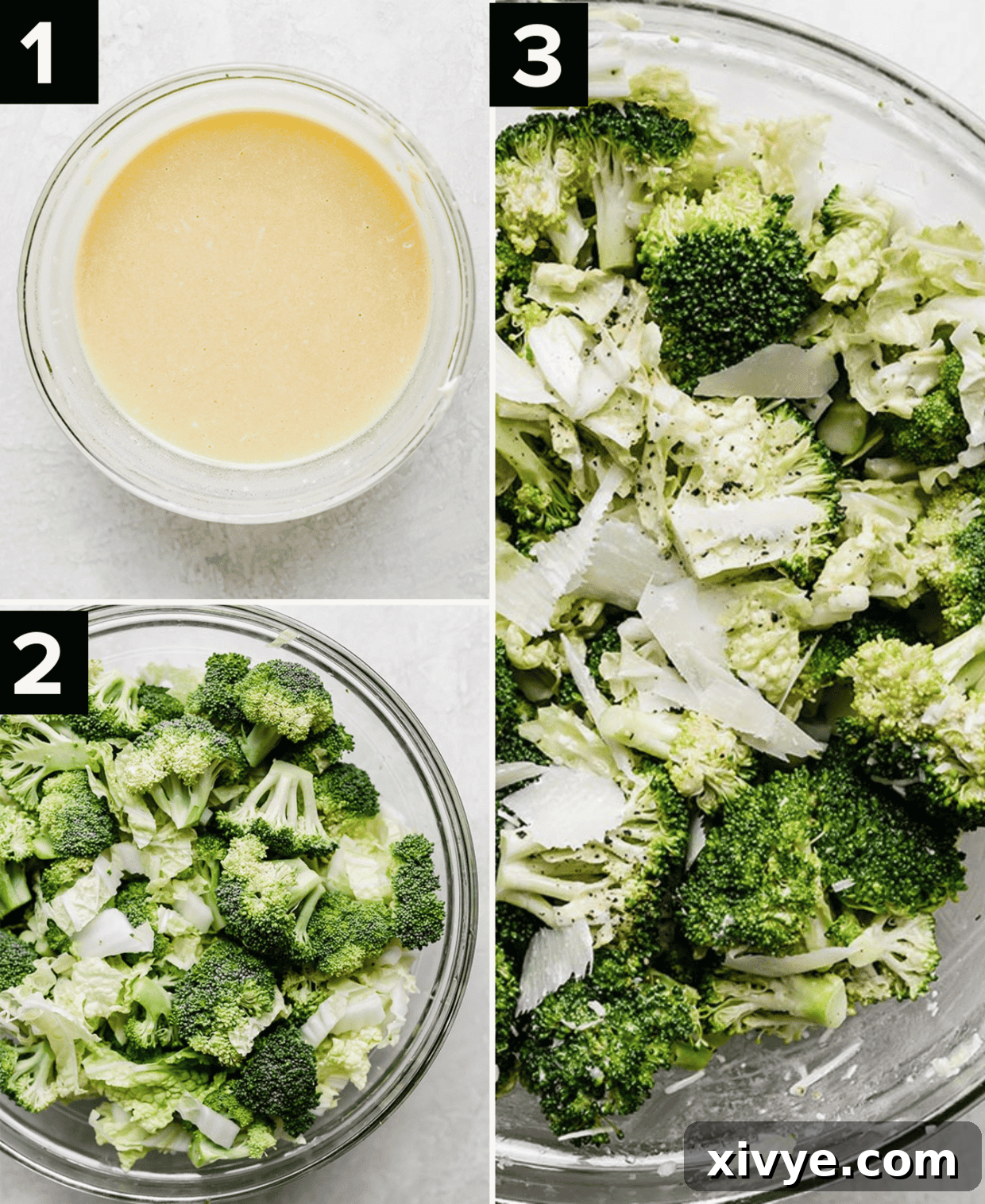 A three-panel image showing the progression of making Broccoli Caesar Salad: a glass bowl with creamy homemade dressing, a bowl with raw broccoli and shaved cabbage, and a finished, mixed salad in another bowl.