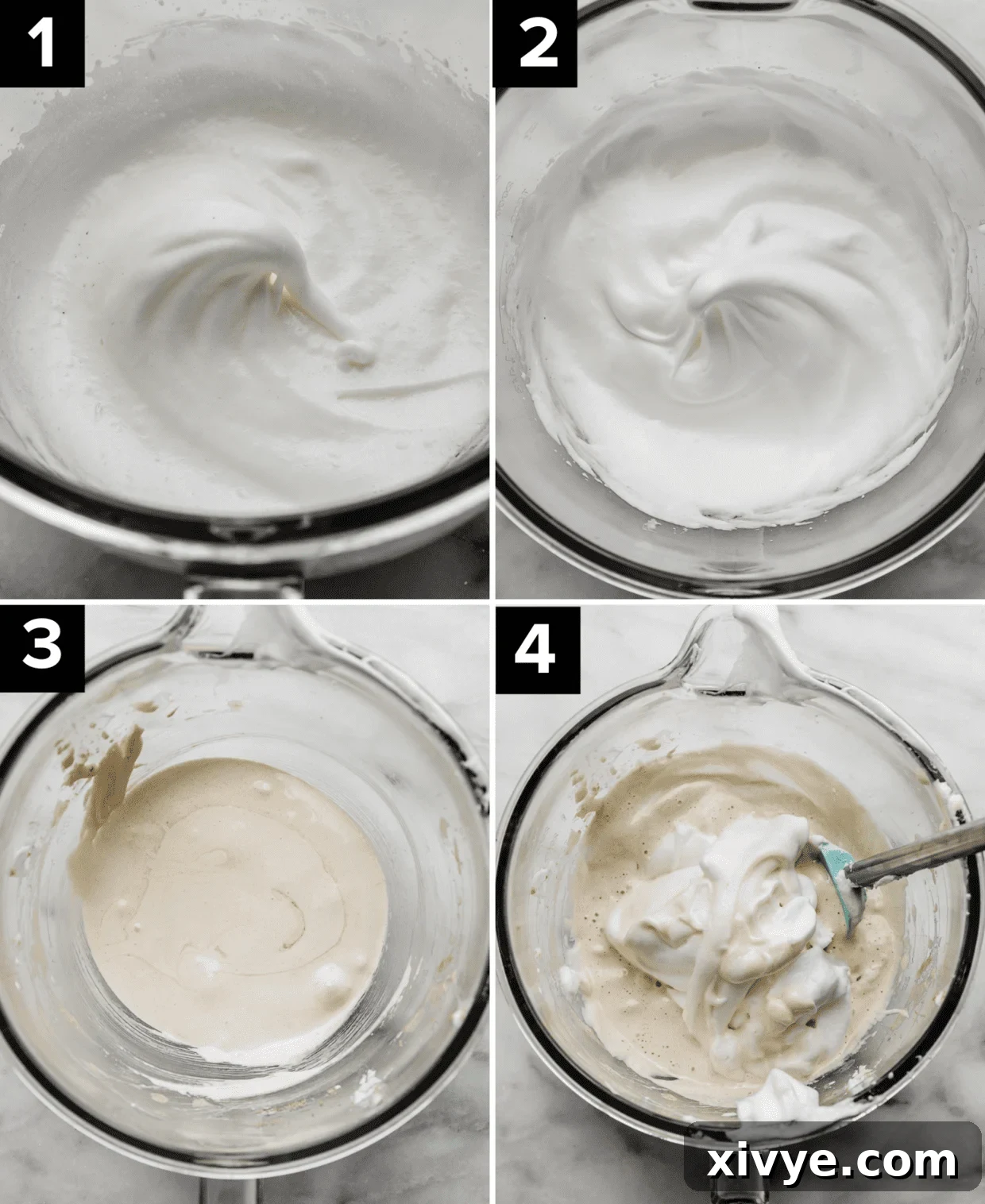 A sequence of four images showing the process of mixing wet ingredients for an Ice Cream Cake Roll in a glass stand mixer, from whipped egg whites to combined wet ingredients.