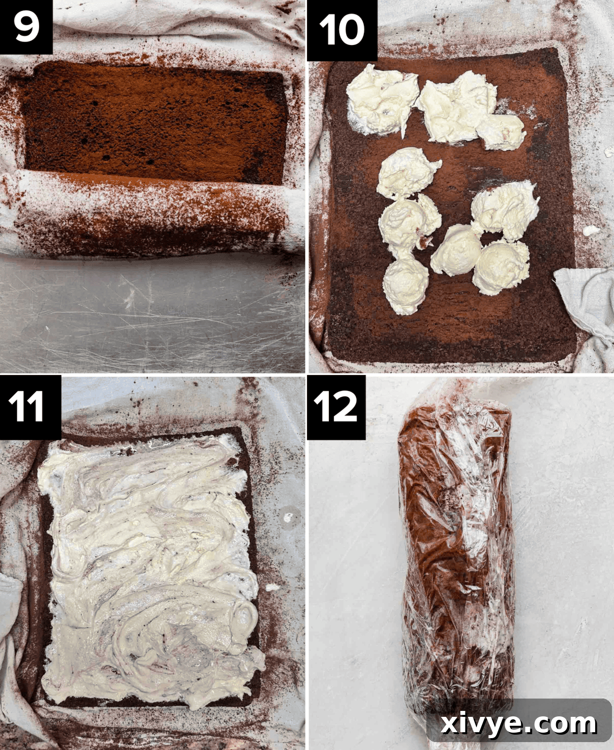 A series of images demonstrating the process of making an Ice Cream Cake Roll, from rolling the chocolate cake in a towel to spreading vanilla ice cream and re-rolling it into the final form.