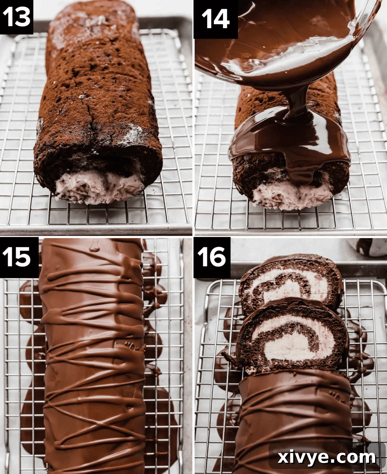 A beautifully decorated Chocolate Ice Cream Cake Roll with a generous layer of magic shell poured over the top, ready to be sliced.