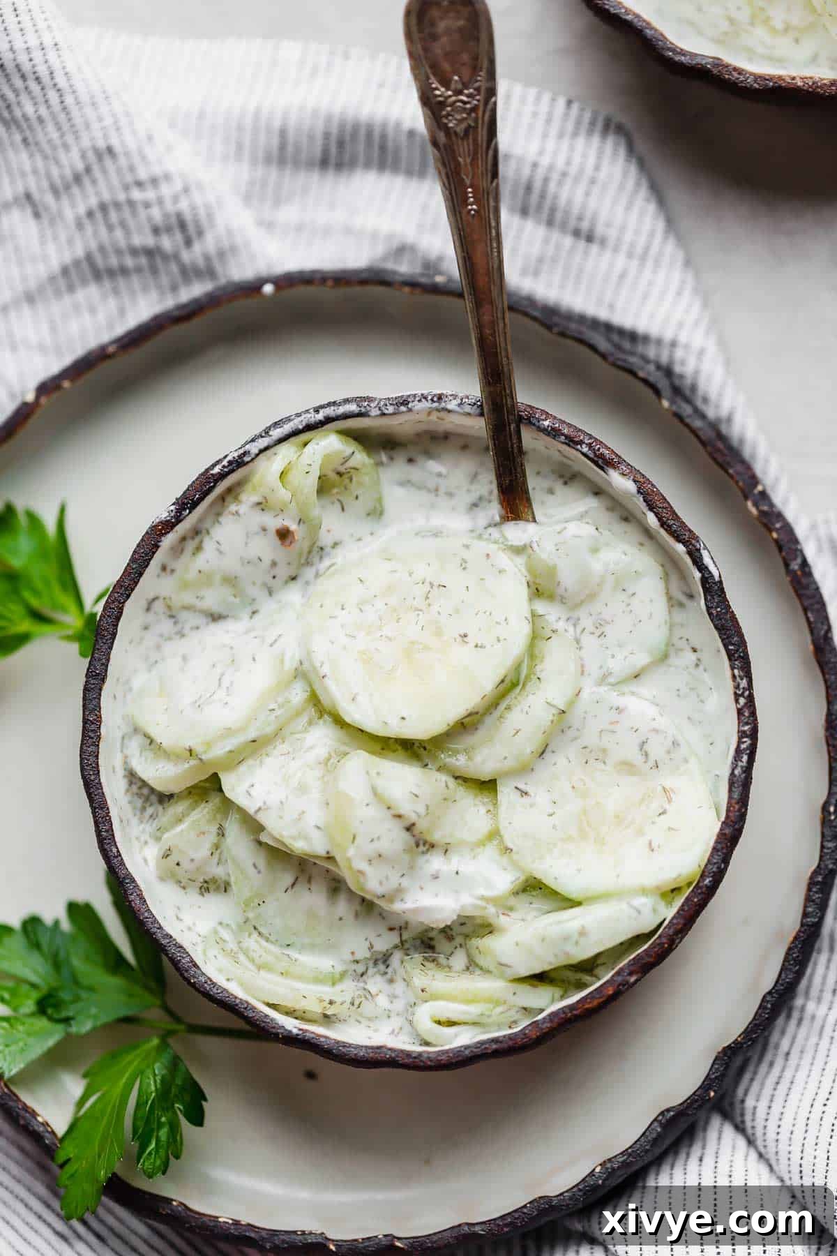 Refreshing Cucumber Yogurt 2 Sliced cucumbers swimming in a rich, creamy white dressing, garnished with fresh dill.