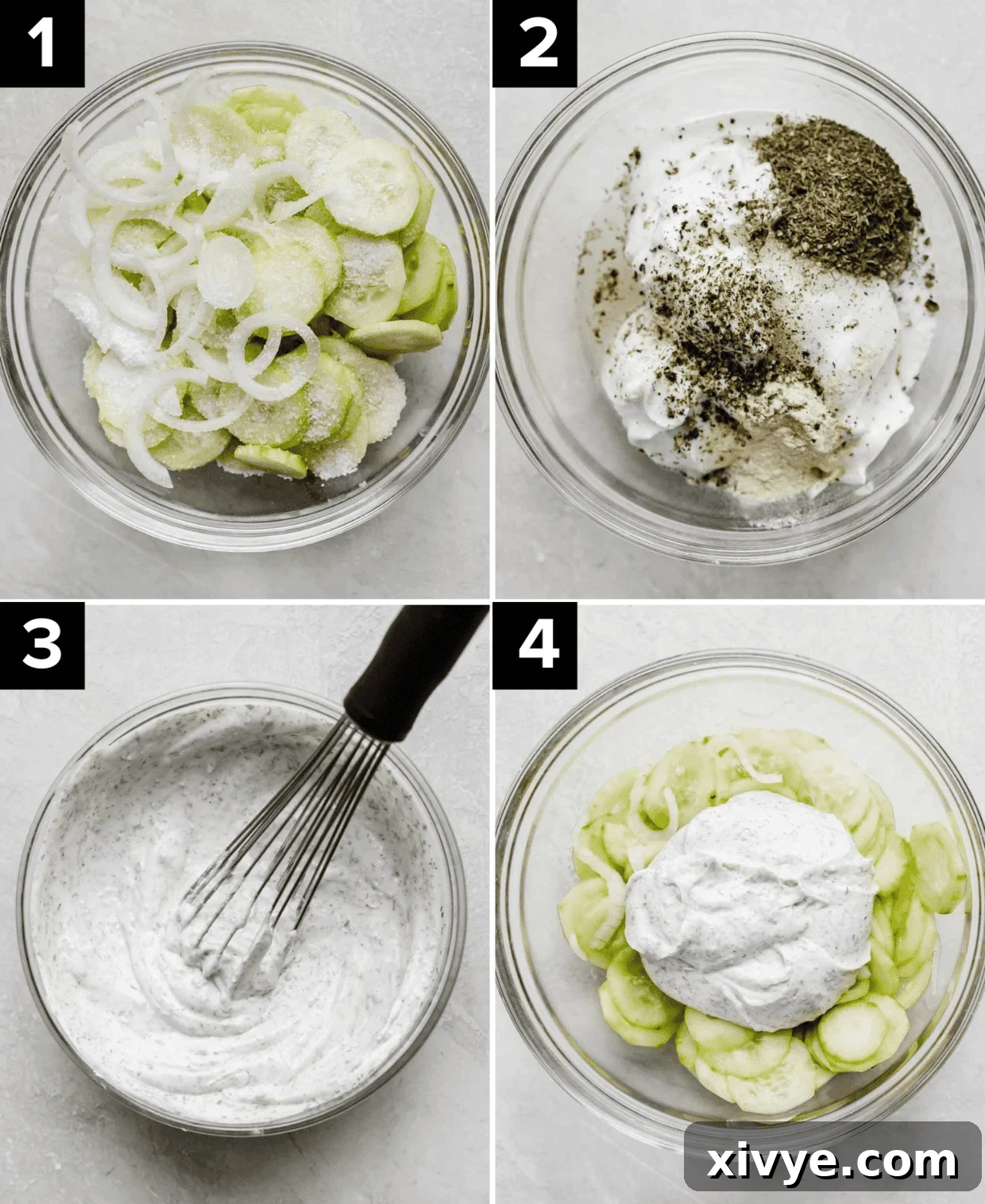Refreshing Cucumber Yogurt 4 A collage of four images showing the process of making Creamy Cucumber Salad, from preparing ingredients to mixing the dressing and combining it with the cucumbers.