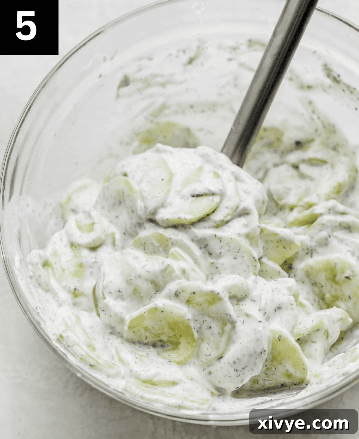 Refreshing Cucumber Yogurt 5 Close-up of thinly sliced cucumbers coated in a smooth, creamy yogurt dressing, ready to be served.