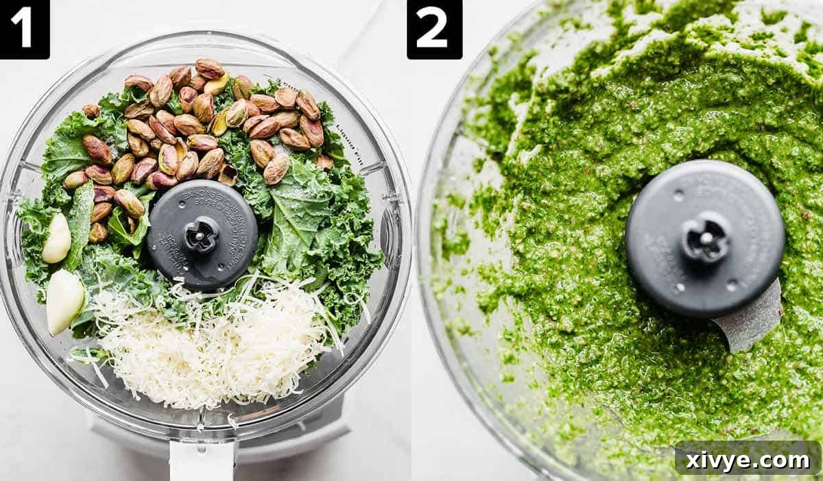 Healthy Homemade Kale Pesto 4 Two images: left image is a food process filled with kale, cheese, pistachios, olive oil. Right photo is kale pesto in a food process blended smooth.