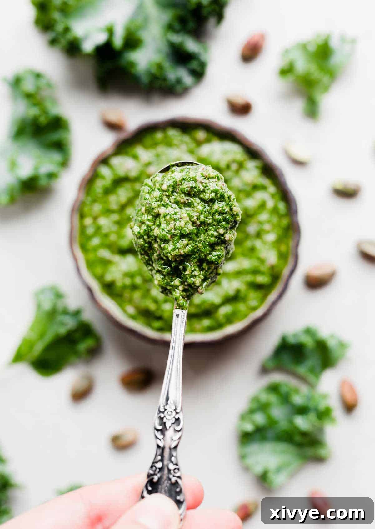 Healthy Homemade Kale Pesto 5 A spoon holding up Kale Pesto above a bowl of Kale Pesto.