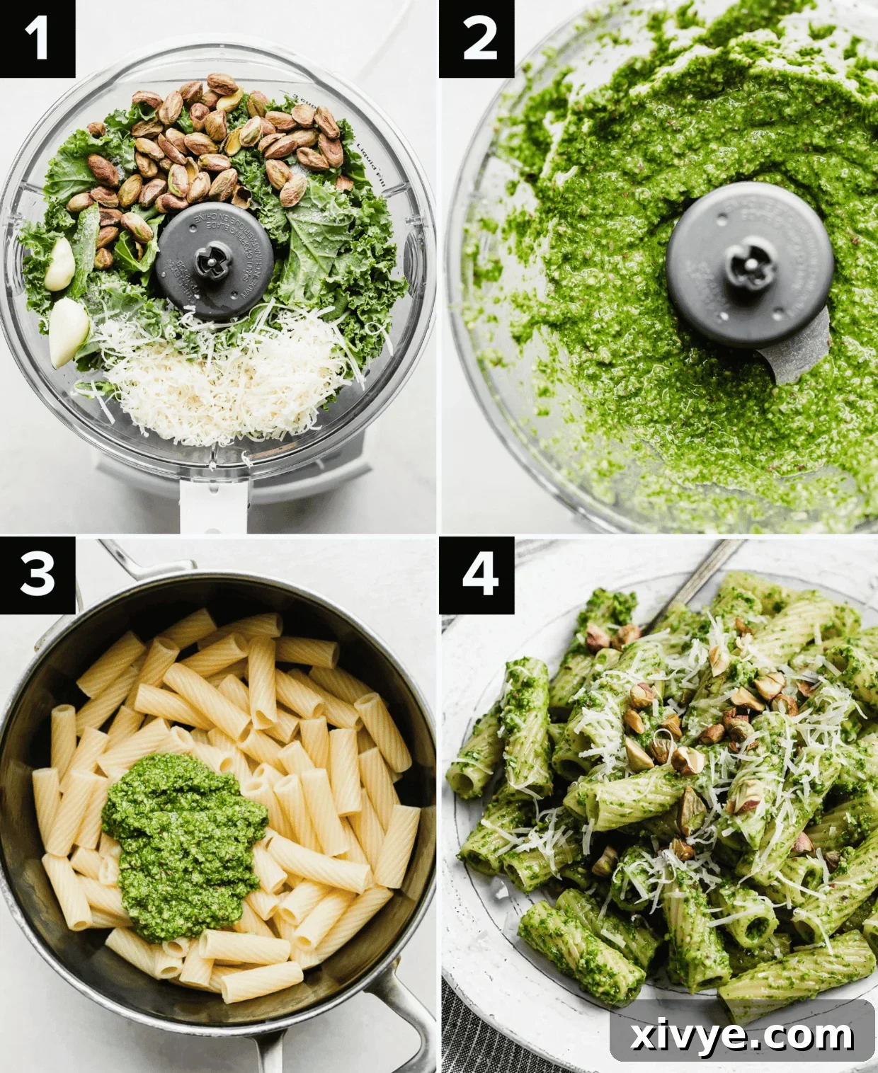 A four-panel image demonstrating the process: preparing kale pesto, adding pesto to cooked pasta, tossing the pasta with sauce, and serving the finished dish.