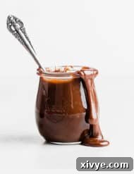Classic Hot Fudge Sauce 12 A jar of old fashioned hot fudge sauce with a spoon in the jar.