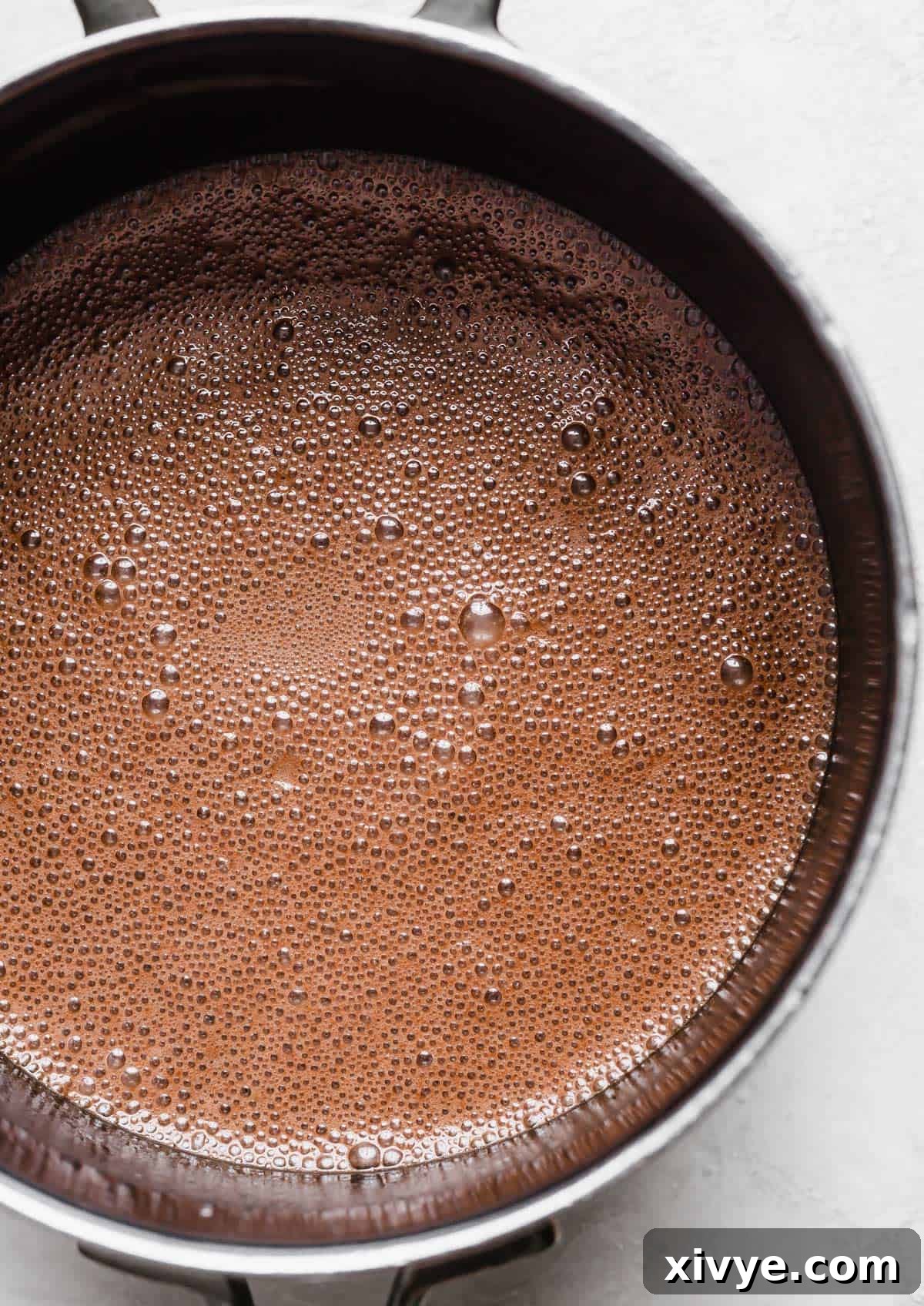 Classic Hot Fudge Sauce 7 A thin hot fudge sauce mixture in a saucepan.