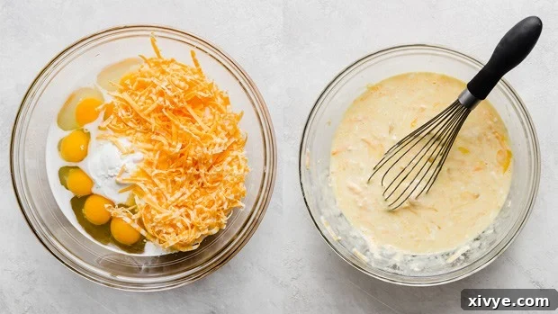 Simple Breakfast Bake 4 A glass bowl holds a creamy mixture of whisked eggs, milk, sour cream, and shredded cheddar cheese, ready for the next steps in making breakfast casserole.