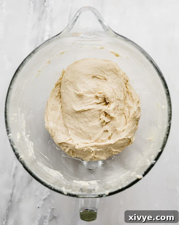 Doughnut dough in a glass bowl prior to rising and doubling in size.