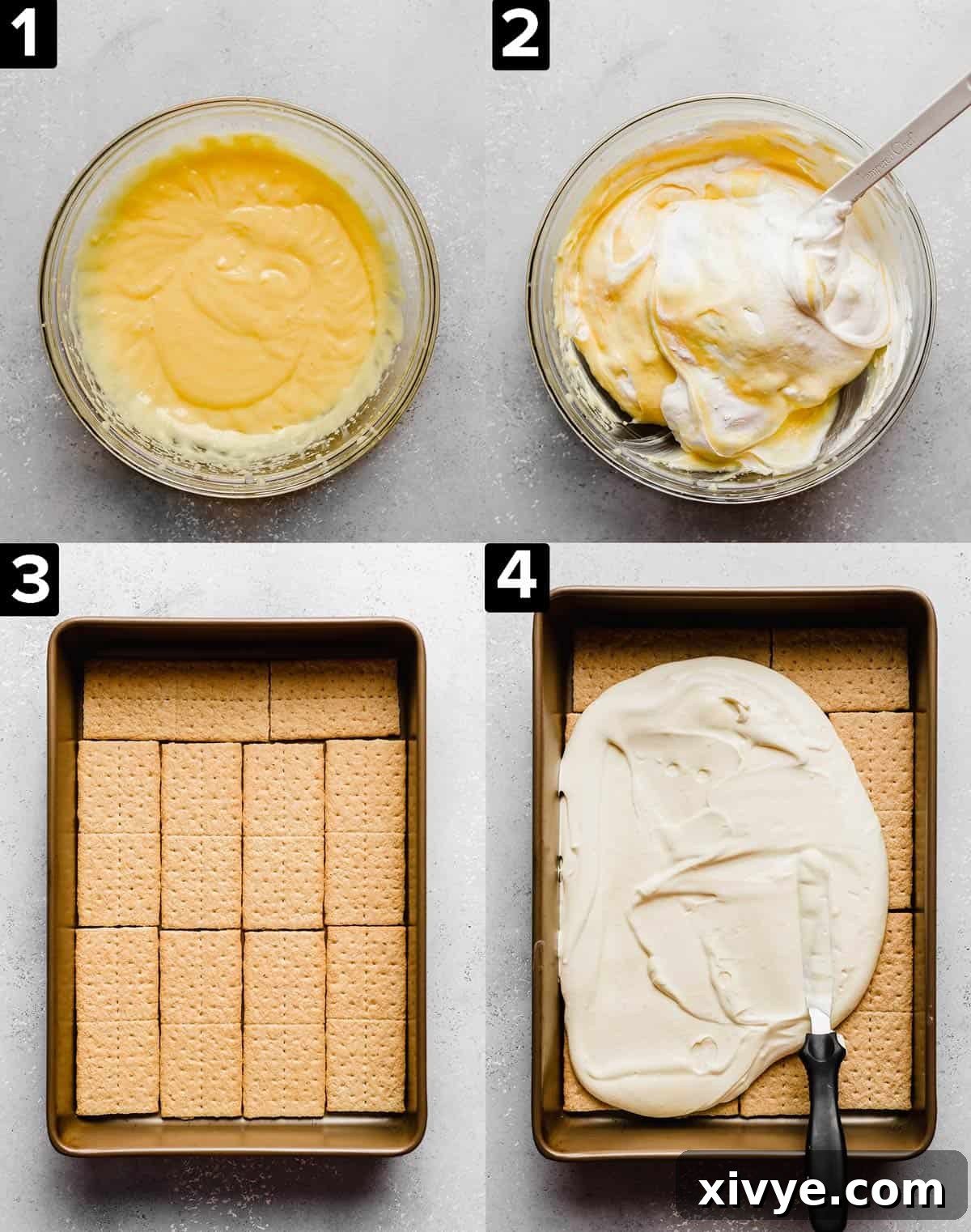 A series of four sequential images demonstrating the process of making Chocolate Eclair Cake, showing how to mix the pudding, layer graham crackers, and spread the filling.