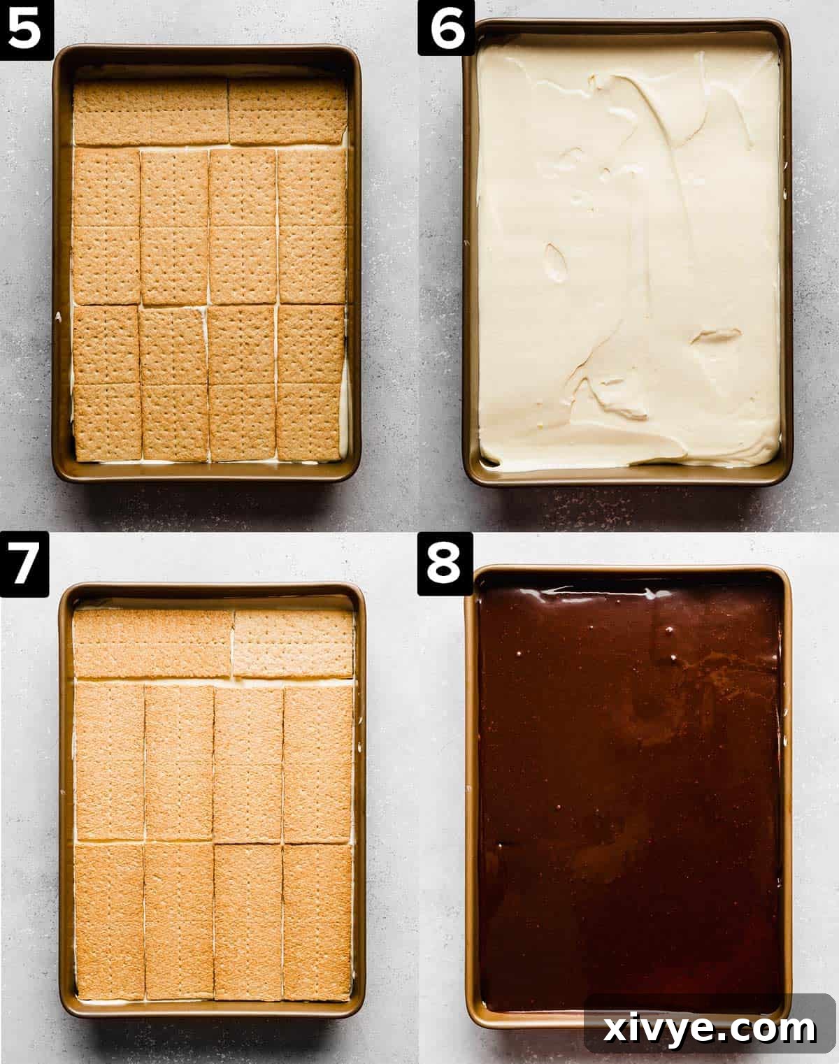 A 9"x13" baking dish filled with alternating layers of softened graham cracker, creamy vanilla instant pudding, and a smooth chocolate topping, ready to be chilled.