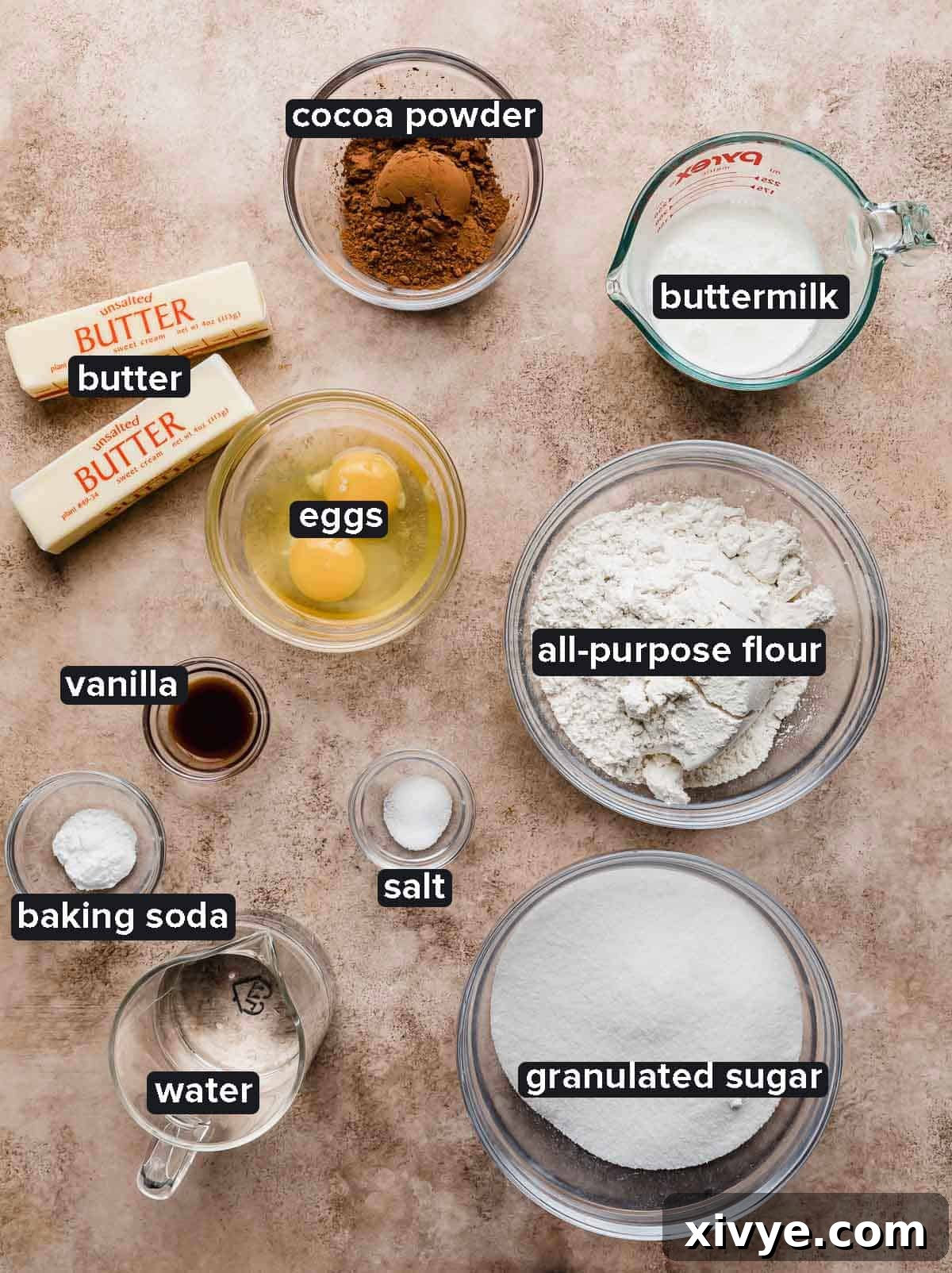 Texas Sheet Cake cake ingredients on a light brown background, including butter, cocoa, flour, sugar, baking soda, salt, eggs, vanilla, and buttermilk.