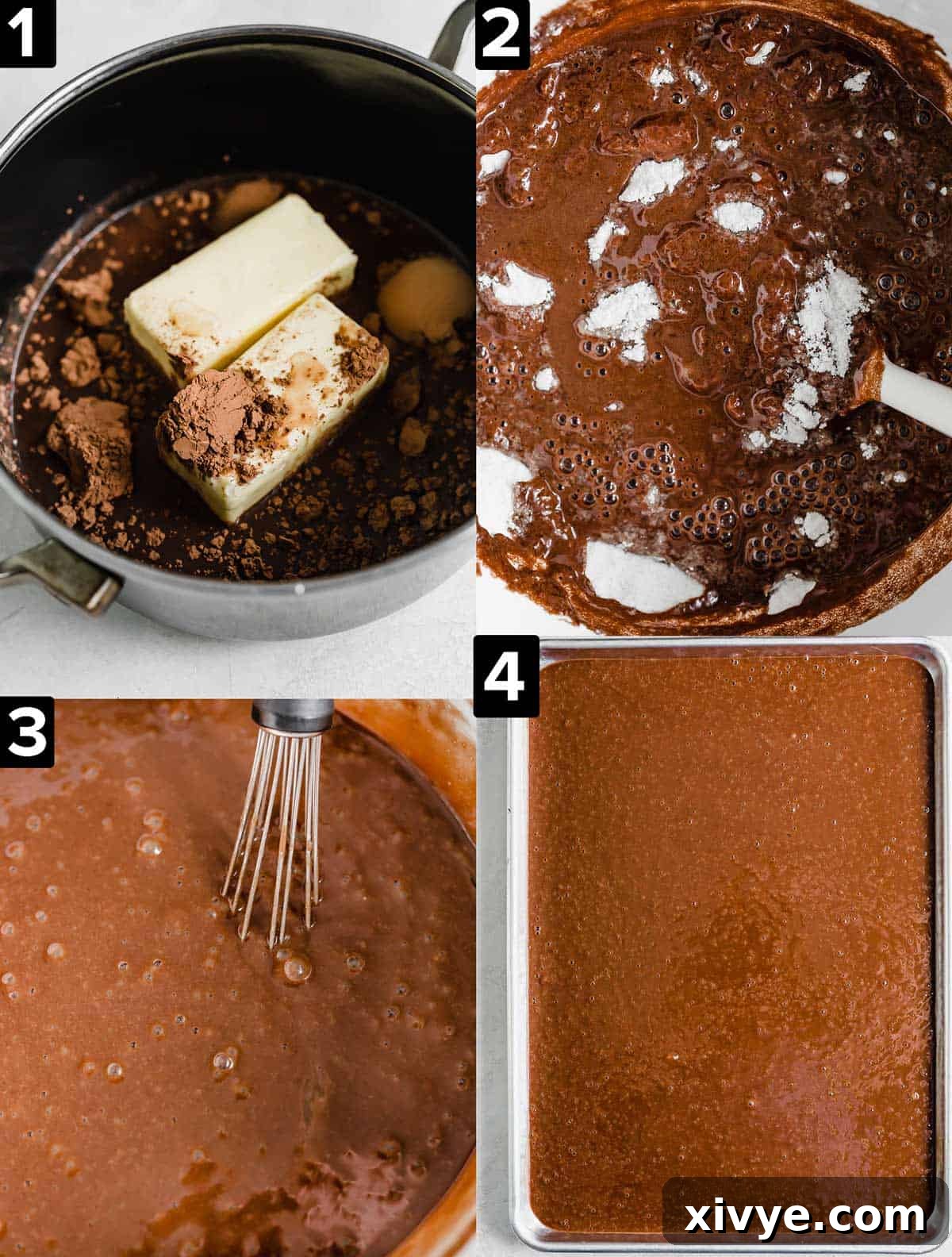 Four sequential images demonstrating the process of making Texas Sheet Cake batter, from combining ingredients to pouring into the pan.