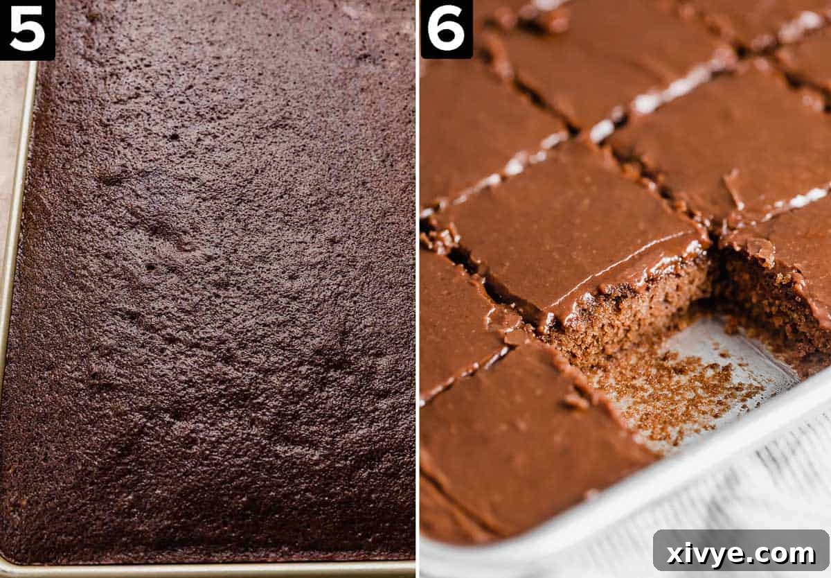 Two images: left shows a baked Texas Sheet Cake in a pan, right shows the freshly frosted cake cut into squares, ready to serve.