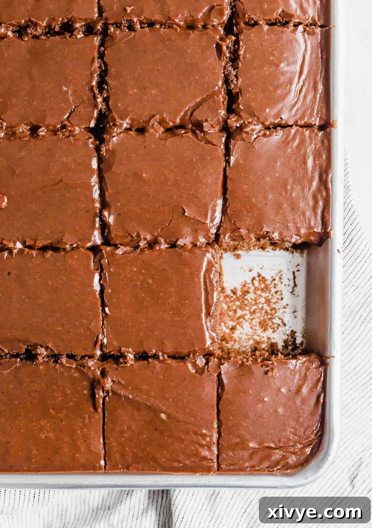 Overhead photo of frosted Texas Sheet Cake cut into small squares, ready to be served.