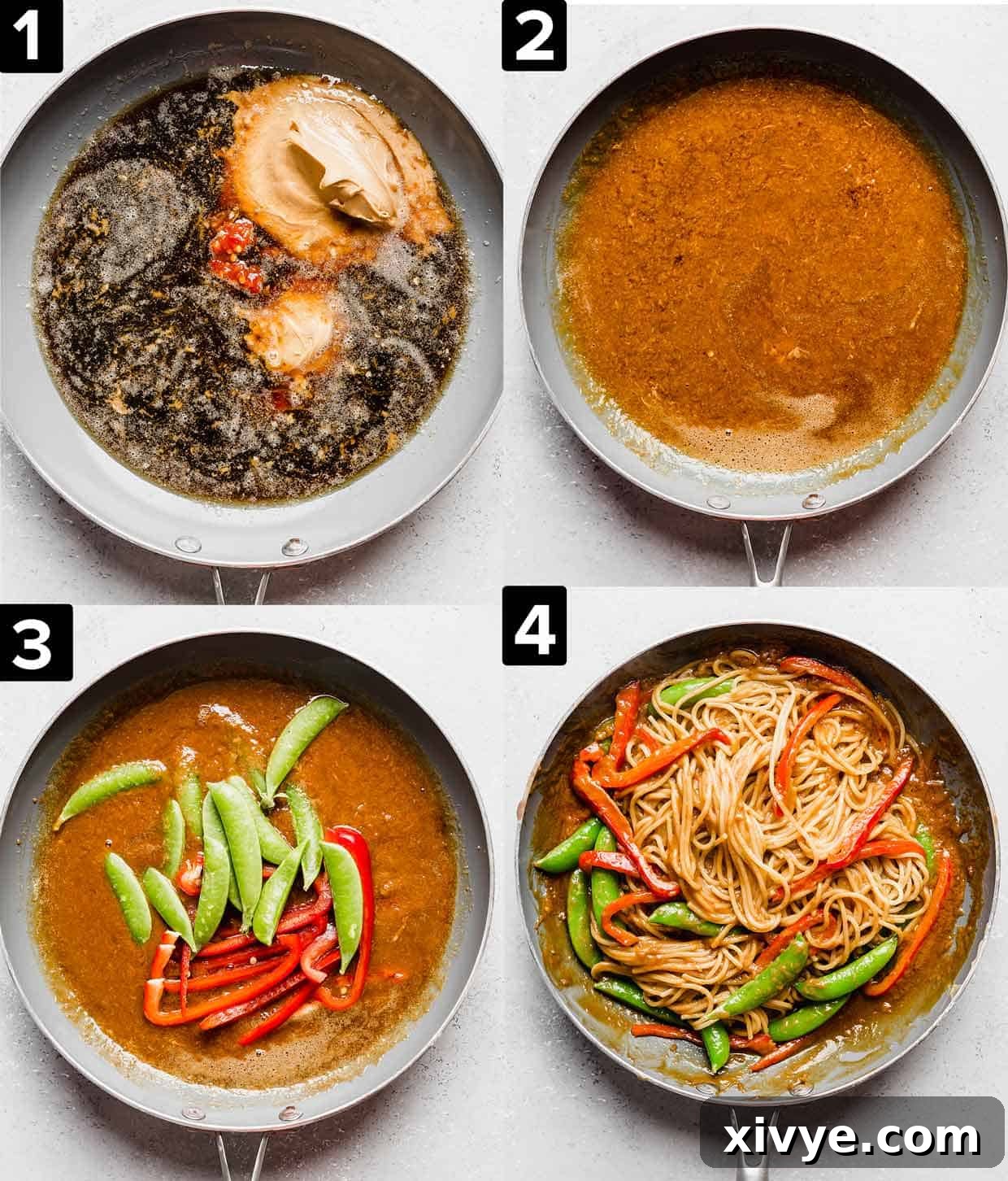 Four images showing the making of peanut butter noodles: a skillet filled with the sauce ingredients, then stirred, and vegetables added in.