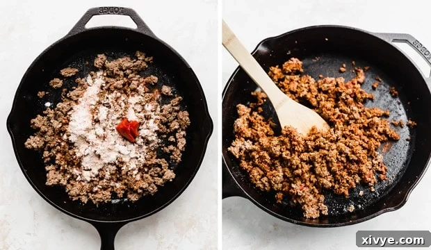 Ultimate Homemade Beef & Mac 5 A photo collage showing a cast iron skillet with browned ground beef, and then the same skillet with dry seasonings sprinkled over the meat, followed by a spoonful of tomato paste being added.