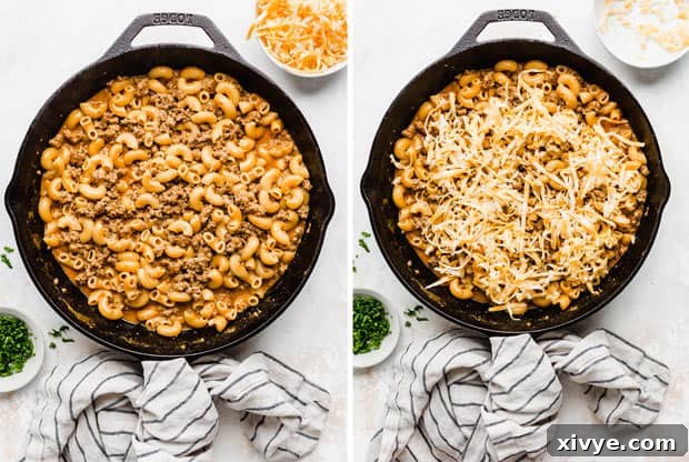 Ultimate Homemade Beef & Mac 7 A two-photo collage featuring a cast iron skillet first with plain macaroni and ground beef, and then with grated cheese being stirred in, creating a creamy, cheesy pasta.