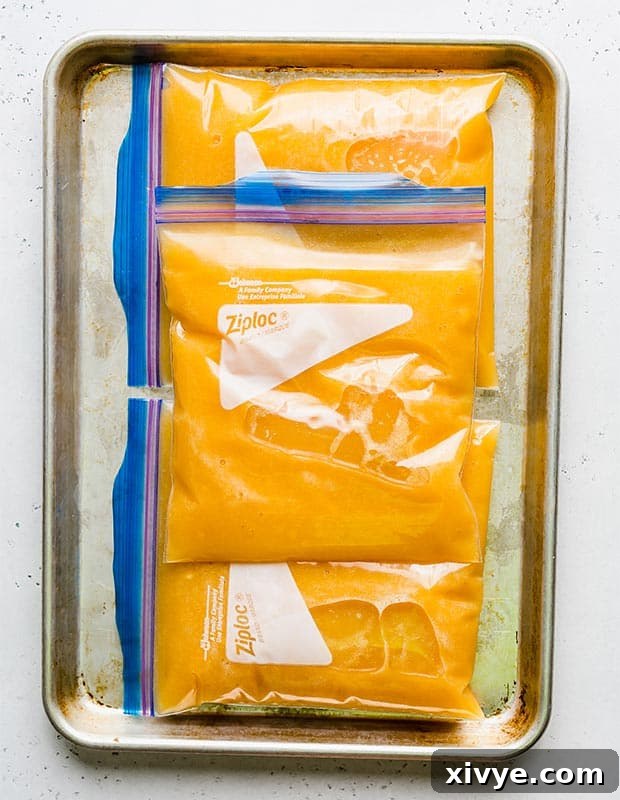 Three freezer-safe quart sized bags filled with peach punch juice, ready for freezing.