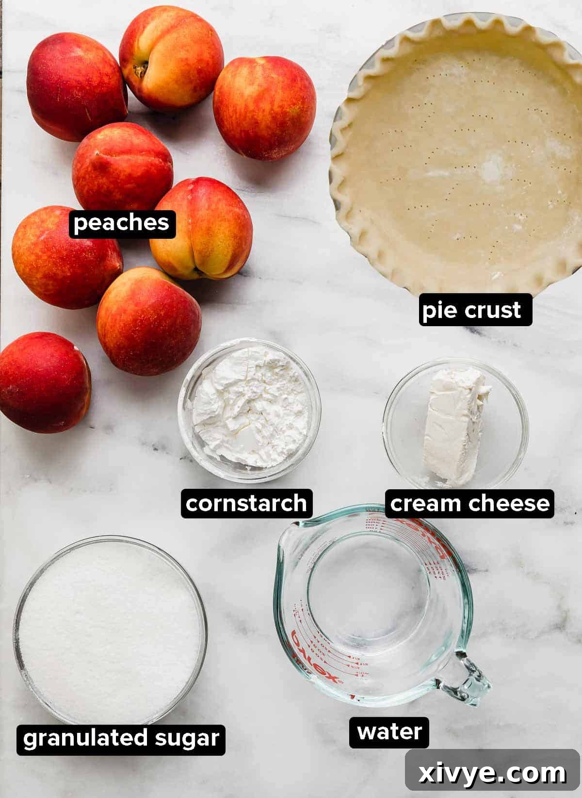 Fresh Peach Pie ingredients on a white background.