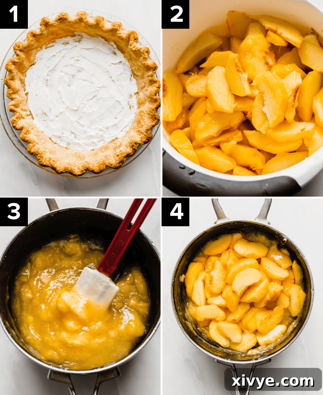 Four images showing how to make Fresh Peach Pie, top left image is butter pie crust with cream cheese smeared overtop, top right is sliced peaches in a white bowl, bottom left is a thickened peach mixture in a saucepan, bottom right is sliced fresh peaches in a saucepan.