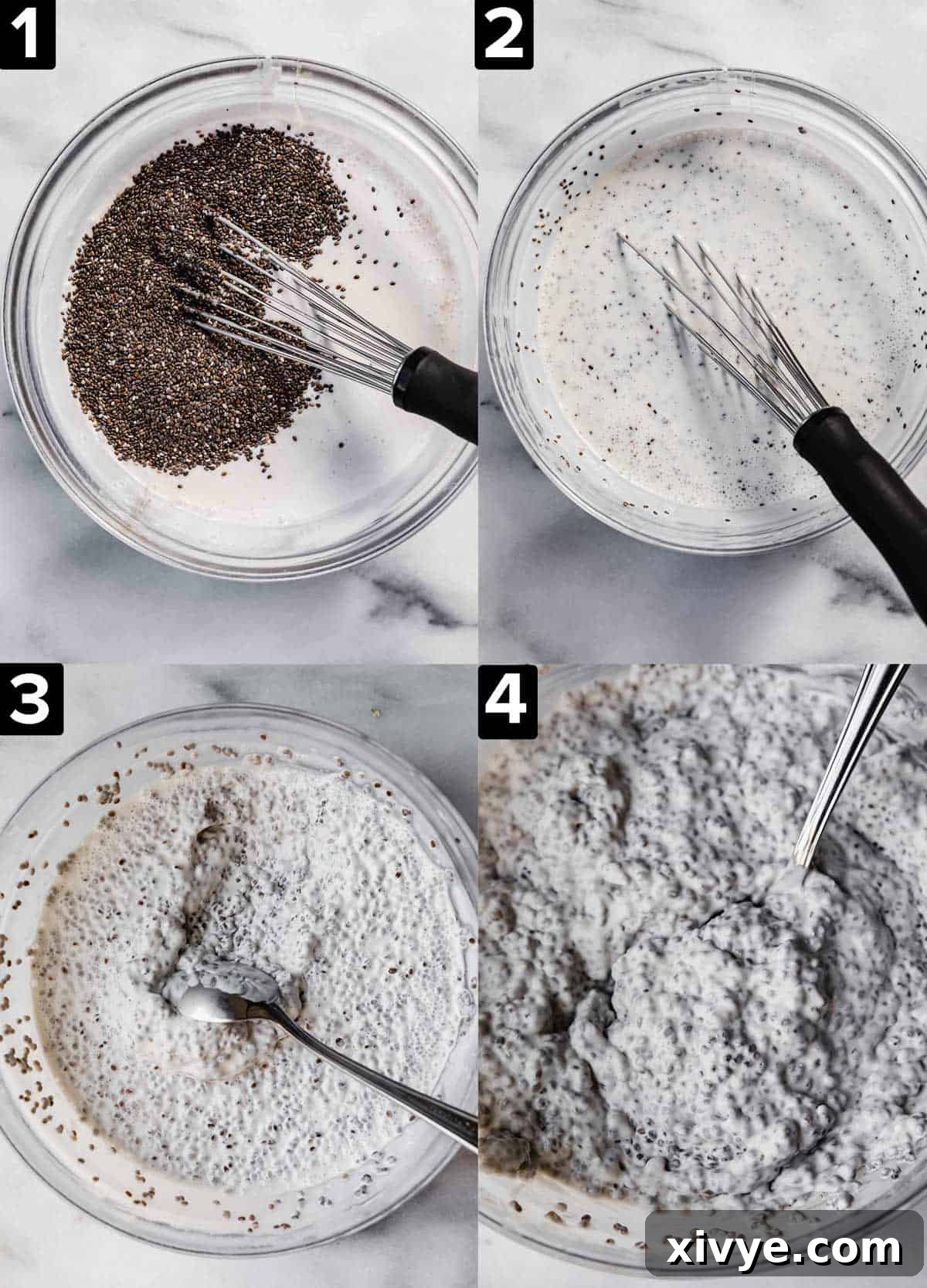 Four images showing how to make coconut chia pudding with coconut milk, all featuring a class bowl on a white marble slab.