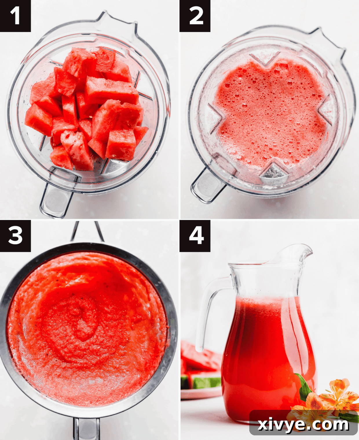 Four images showing the process of making Watermelon Juice in a blender, starting with ingredients and ending with the finished drink.
