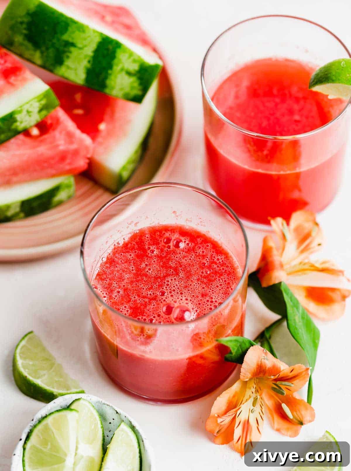 Watermelon Juice served in elegant glass cups on a light peach colored background, adorned with mint.