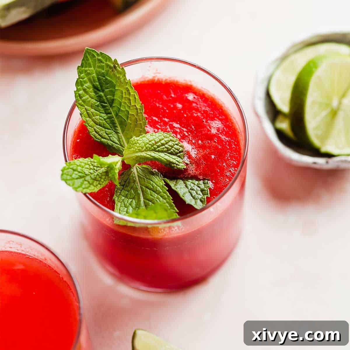 A single glass cup of Watermelon Juice, garnished with a fresh mint leaf on a soft background.