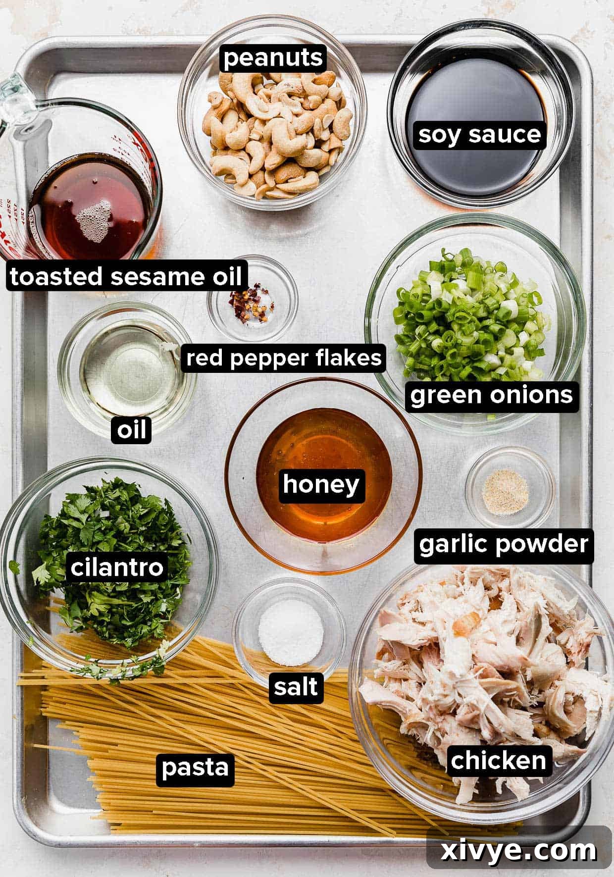 Savory Sesame Noodles 3 Cilantro Noodles Recipe ingredients on a baking sheet.