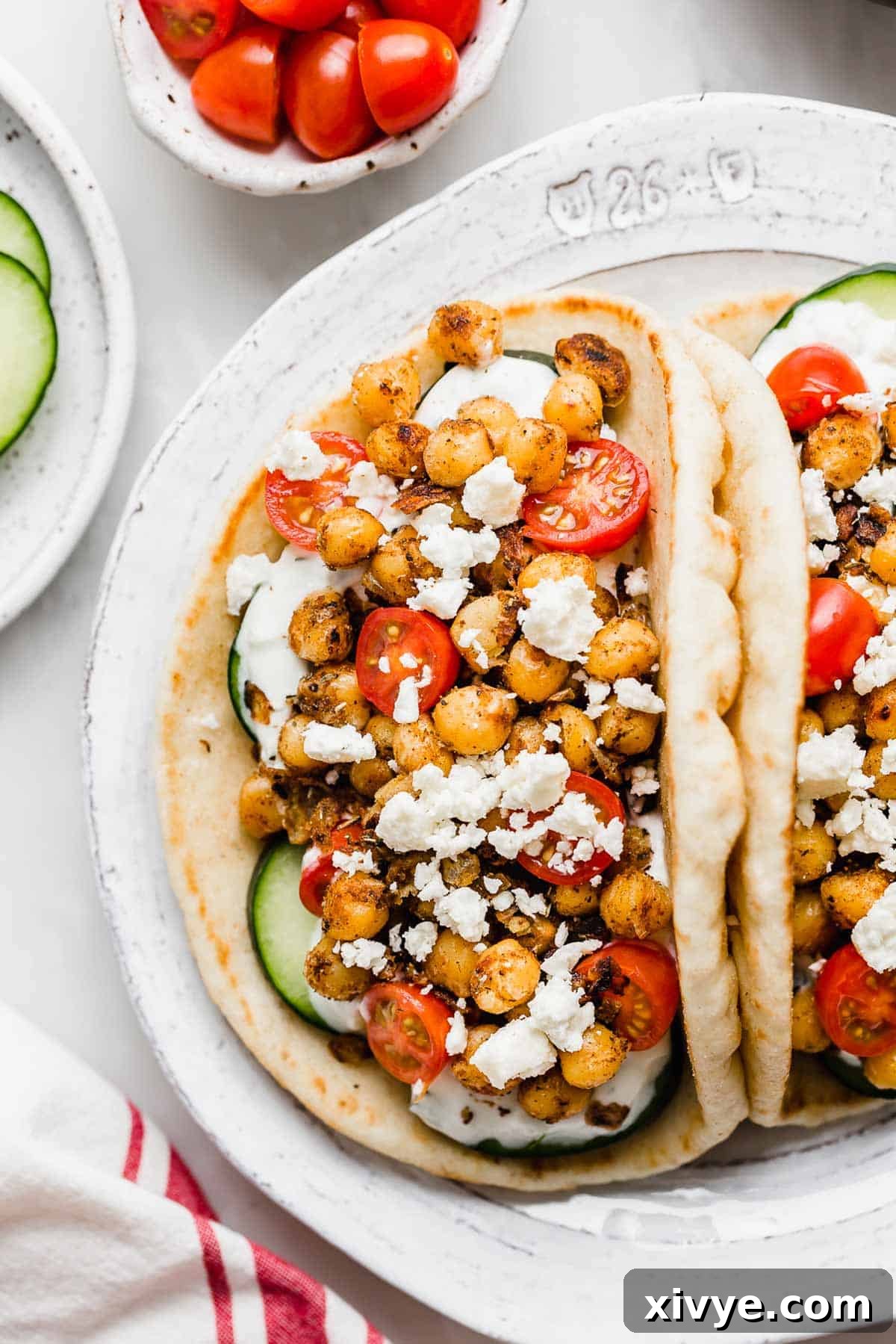 Mediterranean Chickpea Gyros 6 Overhead photo of crispy Chickpea Gyros on flatbread on a white plate.