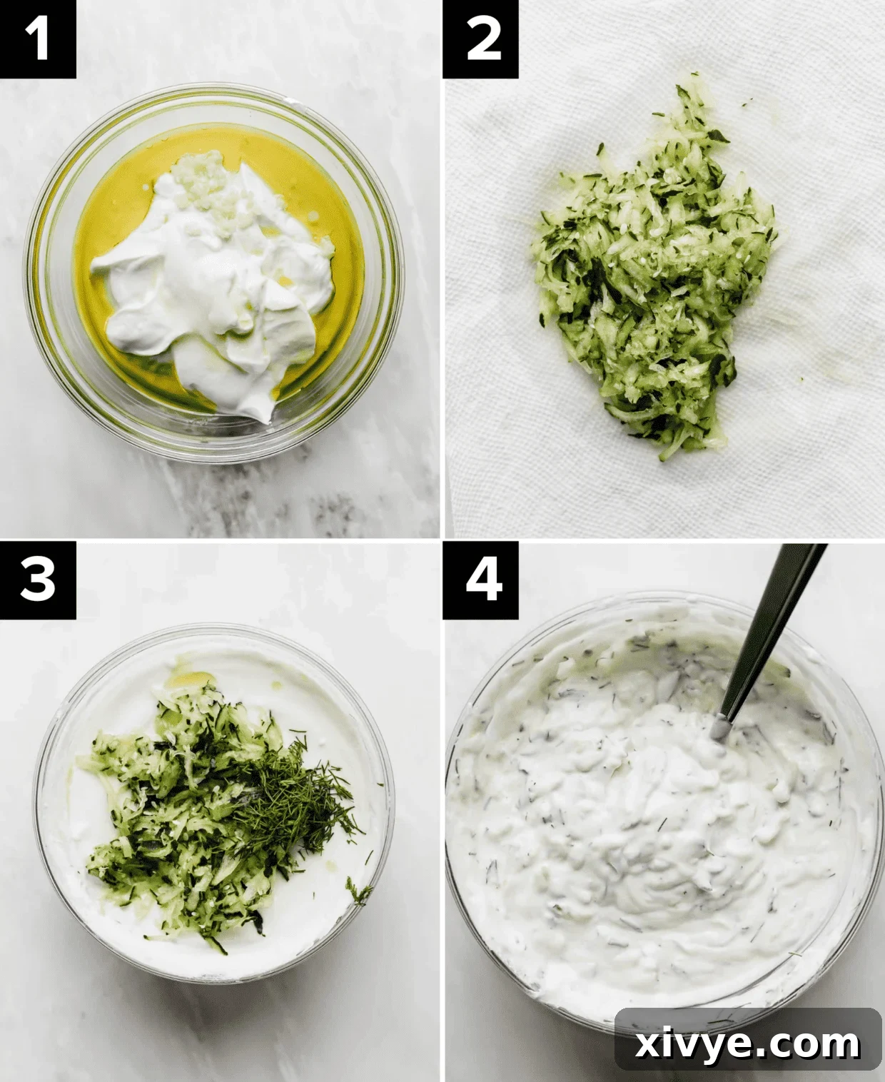 A visual guide showing the process of making authentic Tzatziki sauce: top left features Greek yogurt mixed with olive oil in a bowl, top right displays shredded cucumber on a white paper towel ready for squeezing, bottom left illustrates the addition of drained cucumber and fresh dill into the yogurt mixture, and bottom right presents the finished Tzatziki Recipe in an elegant glass bowl.