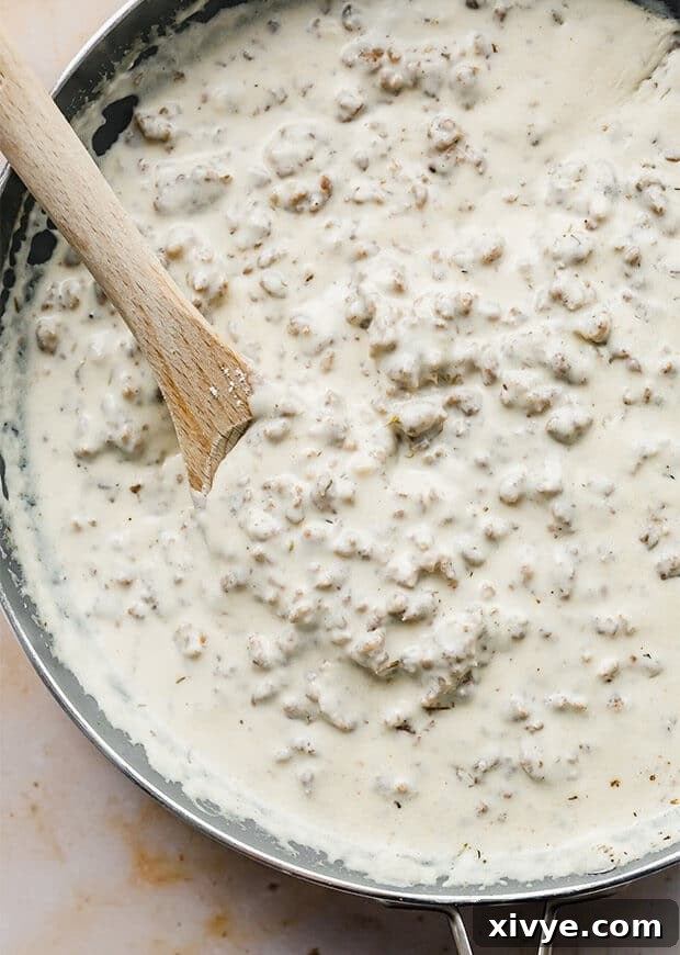 Classic Country Sausage Gravy 2 A pan full of homemade sausage gravy, ready to be served.