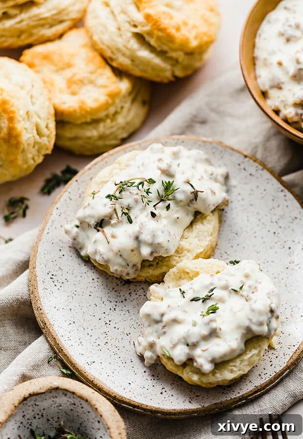 Classic Country Sausage Gravy 4 A buttermilk biscuit topped with creamy sausage gravy.