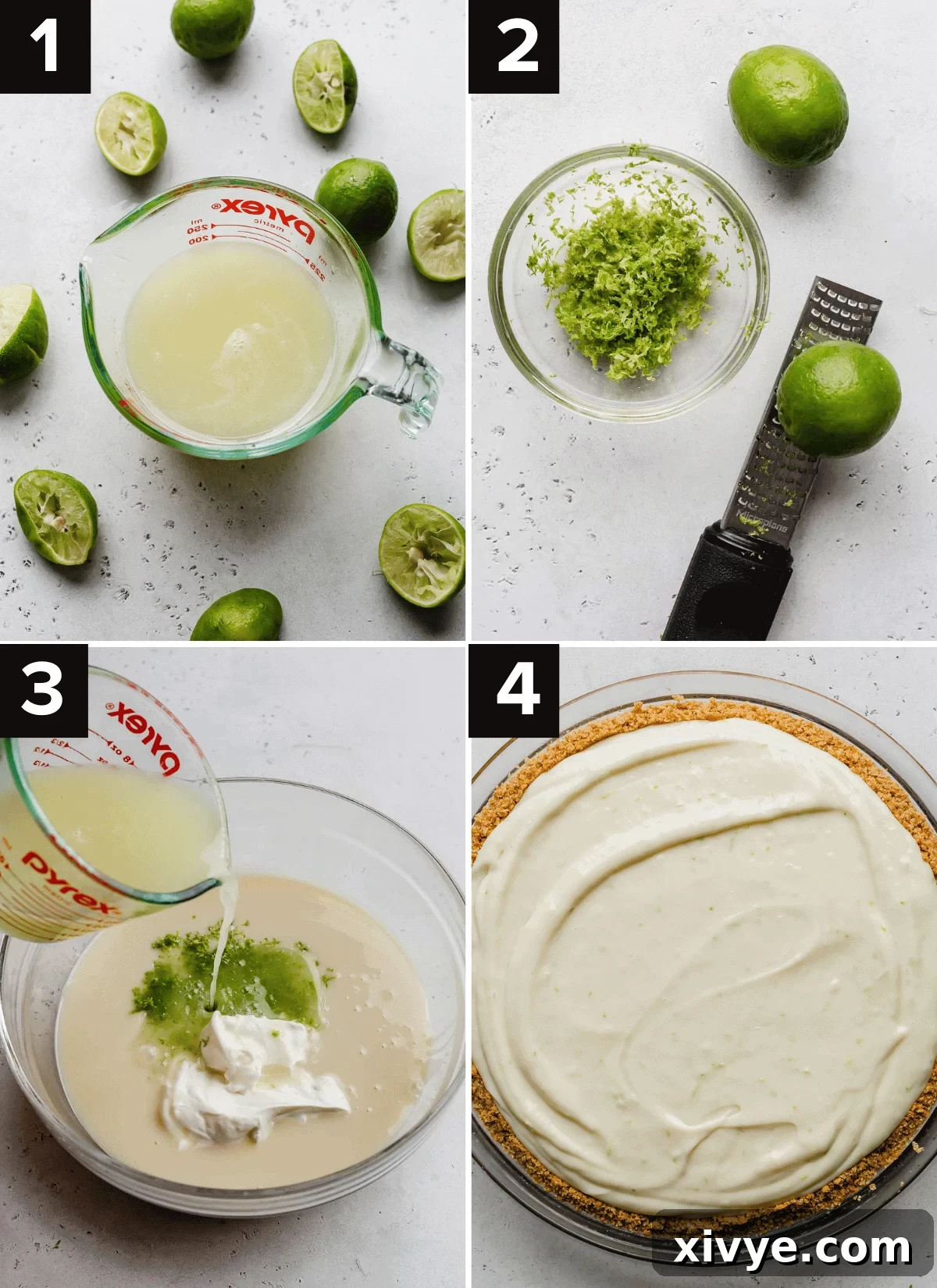 Velvet Key Lime Pie with a Sour Cream Kiss 4 Four images showing how to make key lime pie with sour cream, using fresh key limes, sweetened condensed milk, sour cream, and the baking process.