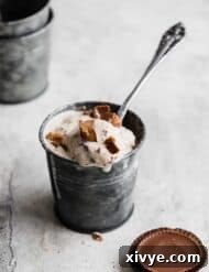 A metal cup full of homemade Reese's peanut butter cup blizzard.