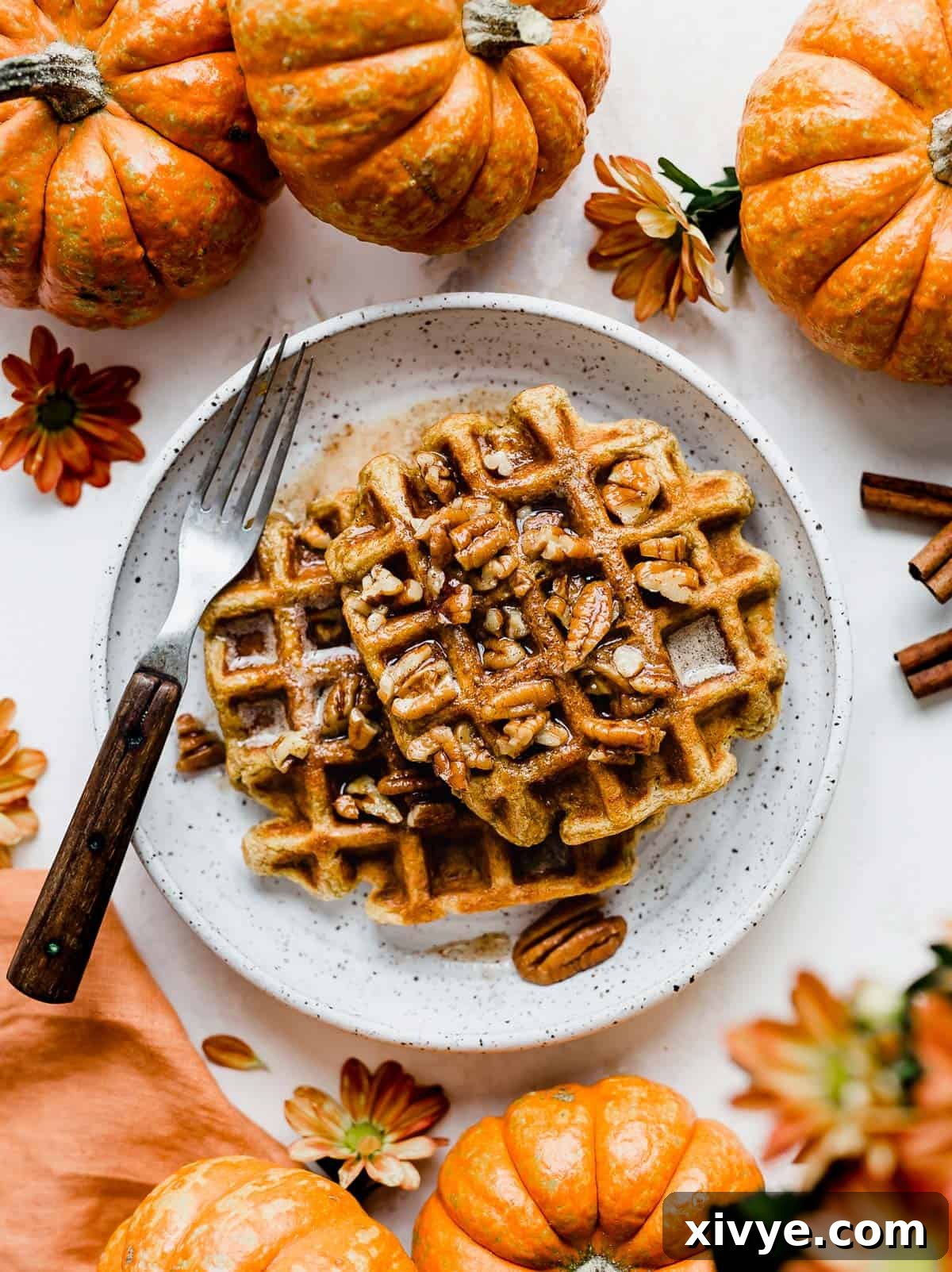 Two golden-brown Buttermilk Pumpkin Waffles beautifully presented on a white plate, with decorative orange pumpkins subtly placed in the corners of the photo, evoking a cozy autumn atmosphere.