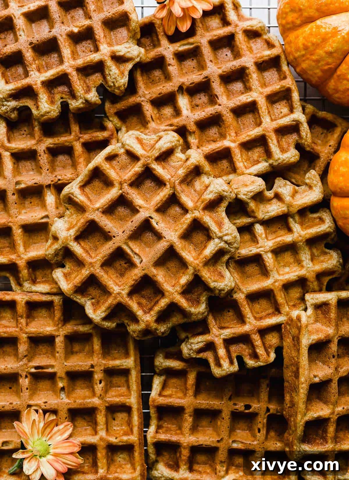 A stack of freshly cooked, golden-brown Buttermilk Pumpkin Waffles cooling on a wire rack, ready to be served or stored.