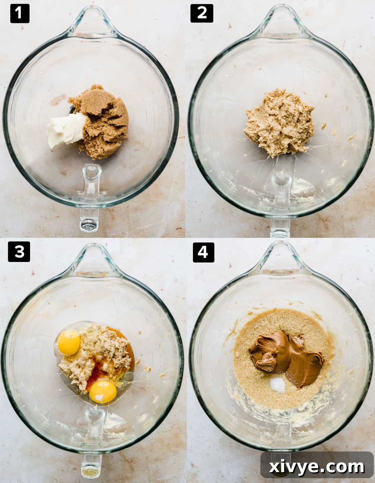 A four photo collage of a glass bowl with various Biscoff Brownie ingredients being added to the bowl.