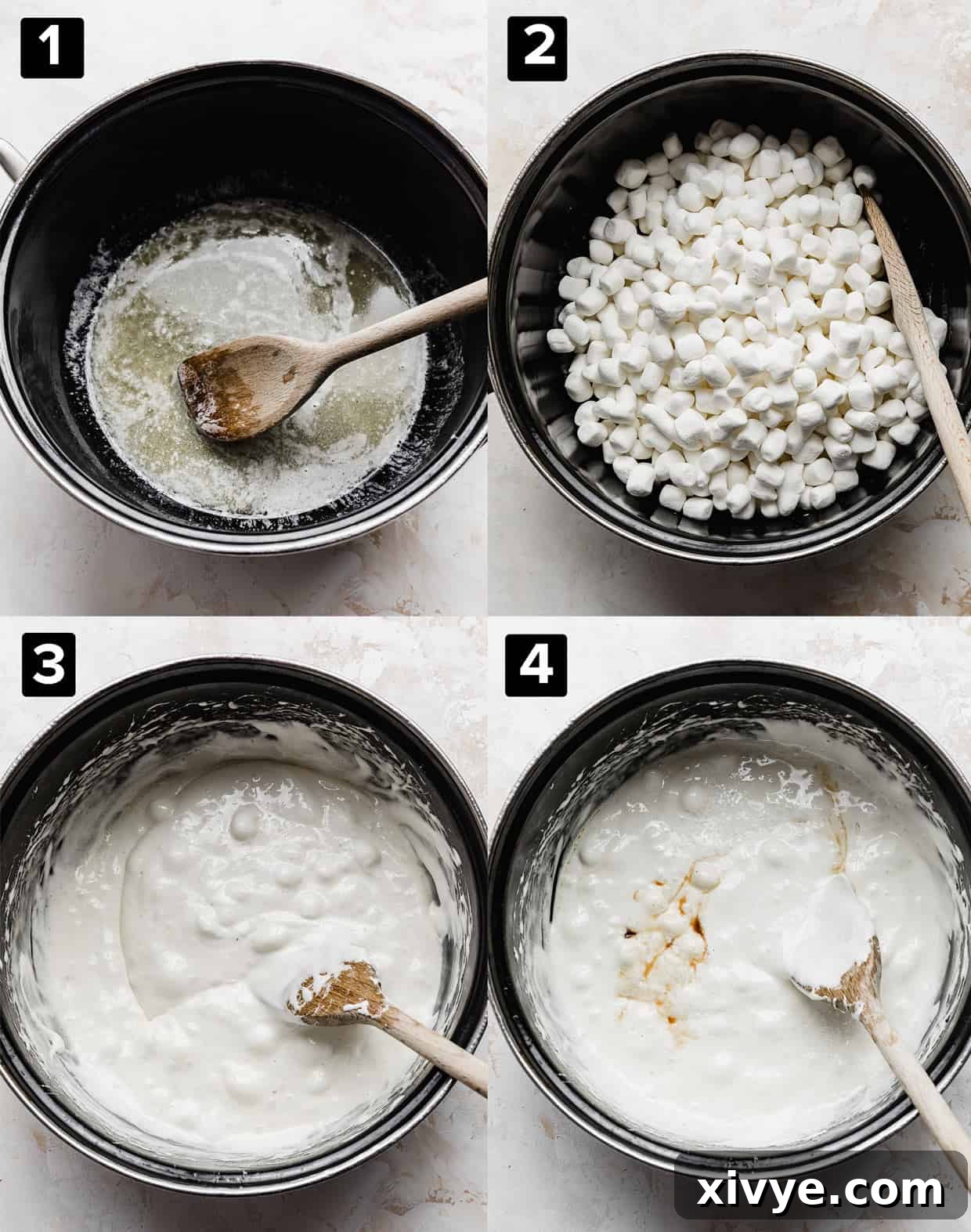 Colorful M&M Crispy Bars 4 A four photo collage showing the process of melting butter in a black pot, adding mini marshmallows, then stirring until they are fully melted and smooth.