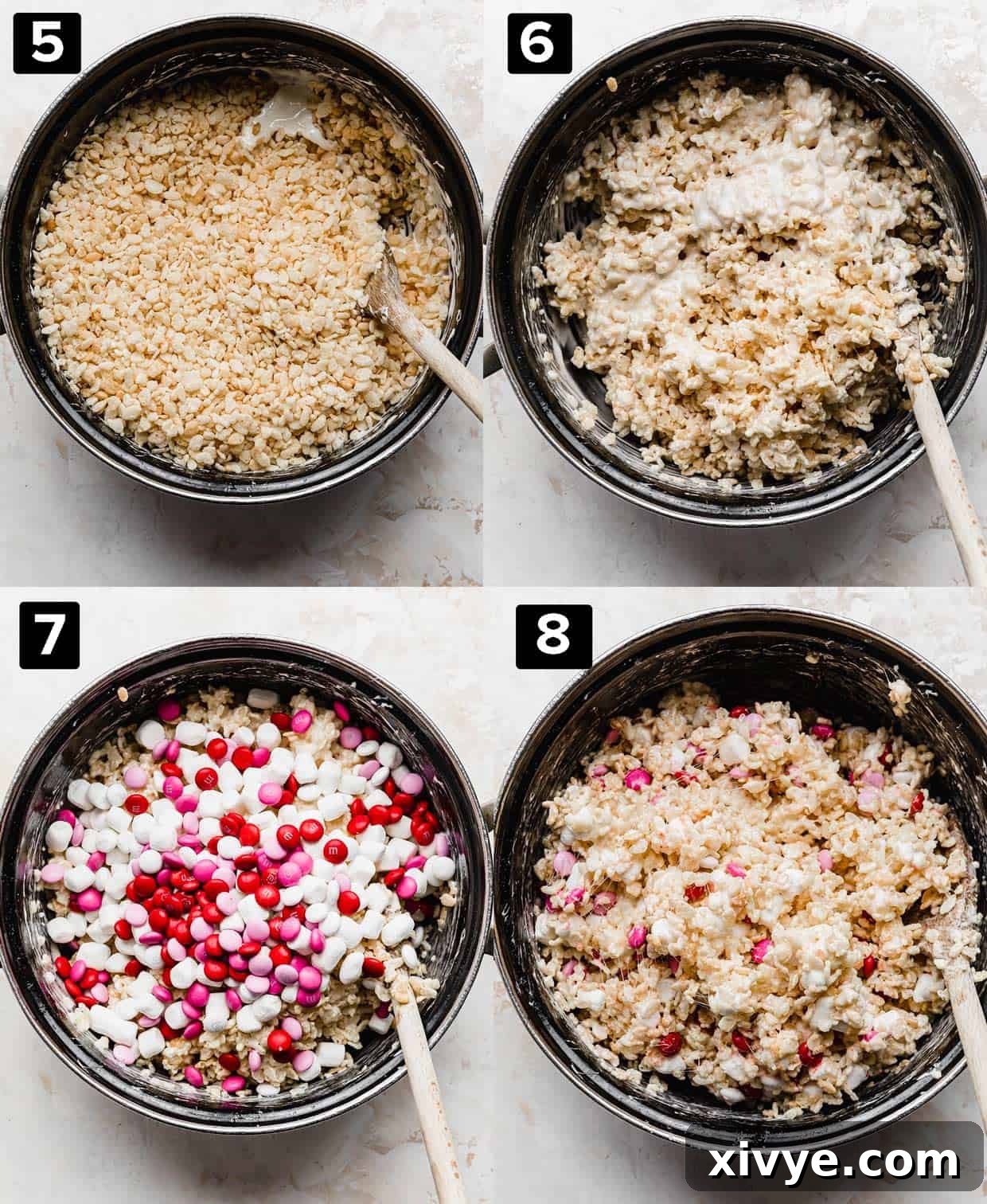 Colorful M&M Crispy Bars 5 A four photo collage showing Valentine Rice Krispie Treats with M&M's being made in a black pot, from adding cereal to mixing in M&Ms.