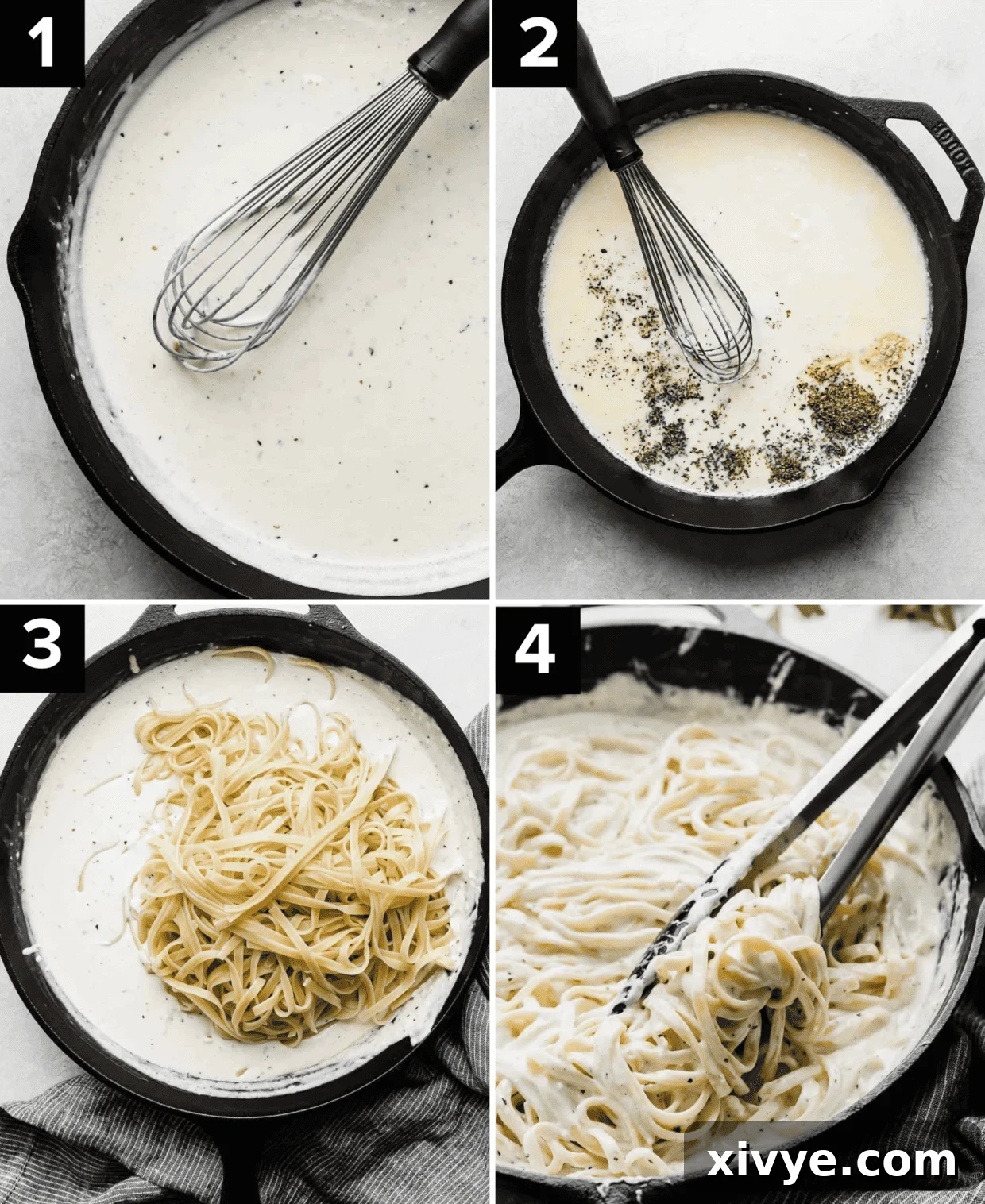 Four photos showing how to make Fettuccine Alfredo, first image shows heavy cream and cream cheese melted together in a black skillet, then spices added, then pasta, and finally everything mixed together to create the best creamy Fettuccine Alfredo.