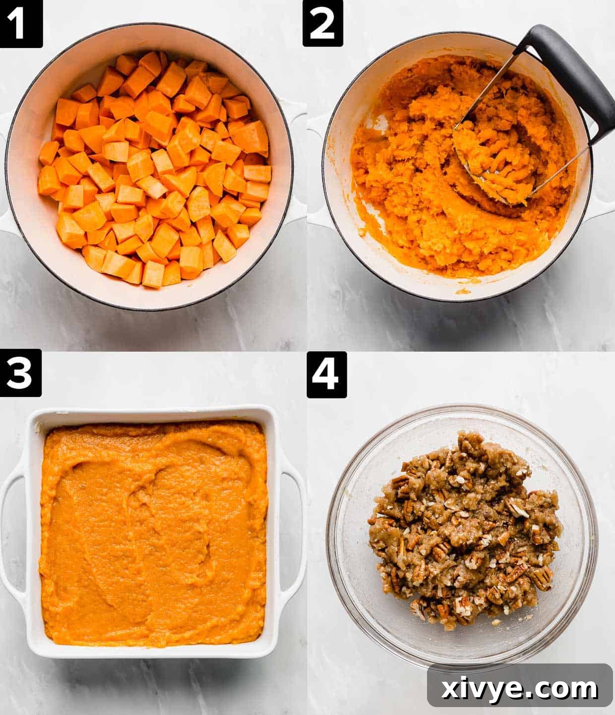 Effortless Sweet Potato Bake 5 Four illustrative photos showing the stages of making easy sweet potato casserole: cubed orange yams boiling in a pot, mashed sweet potatoes in a pot, the creamy sweet potato mixture in a square baking dish, and the pecan crumble mixture in a glass bowl.