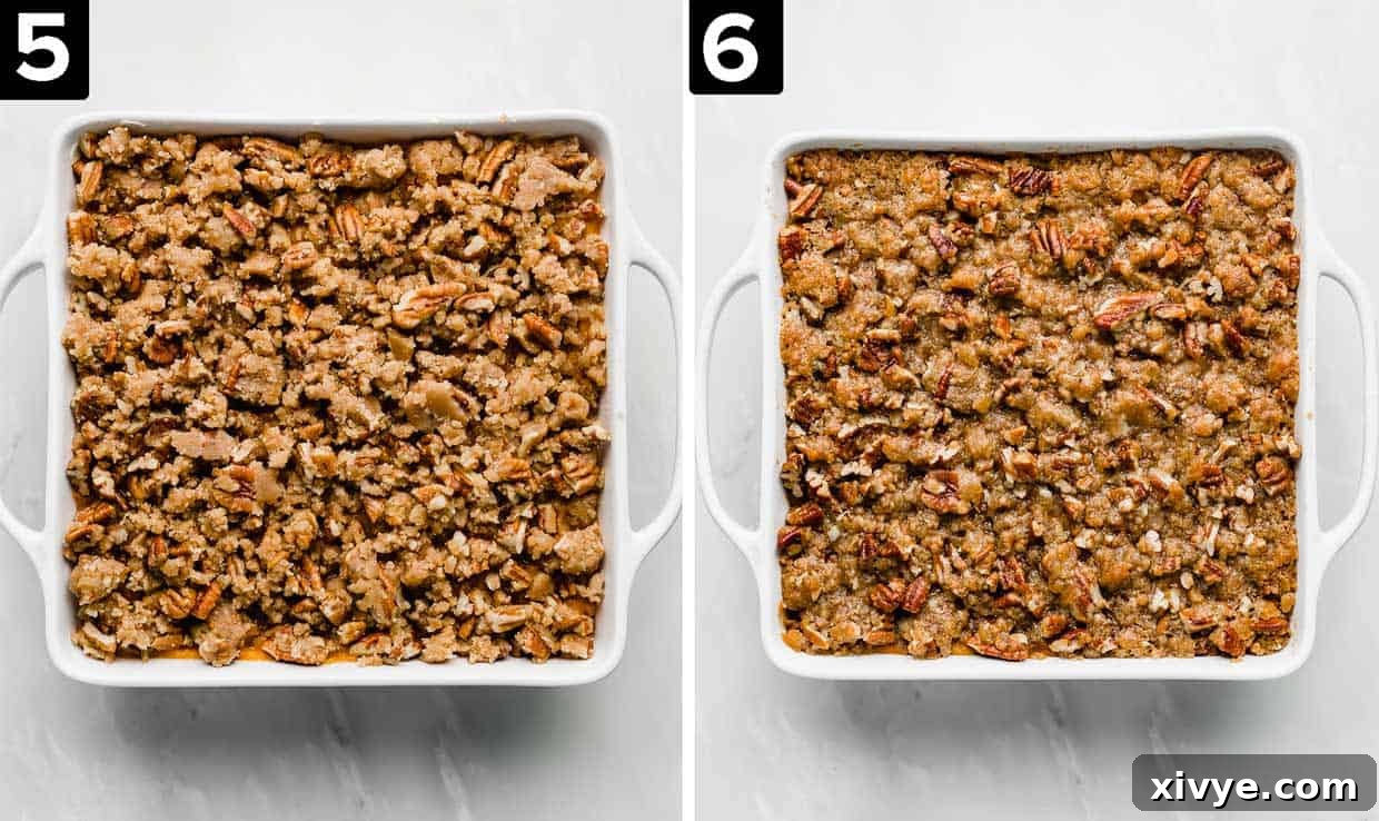 Effortless Sweet Potato Bake 6 Two side-by-side photos of a finished Easy Sweet Potato Casserole, baked to perfection with a golden brown pecan topping, in a white square baking dish.