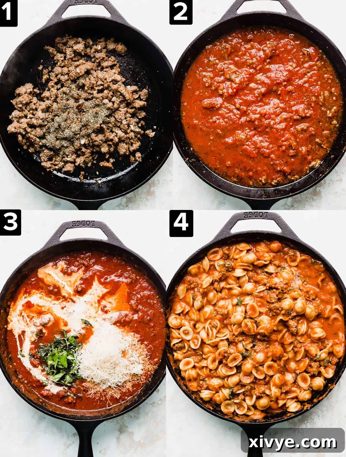 Classic Bolognese Ragù 4 Four images showing how to make the best bolognese sauce in a skillet.