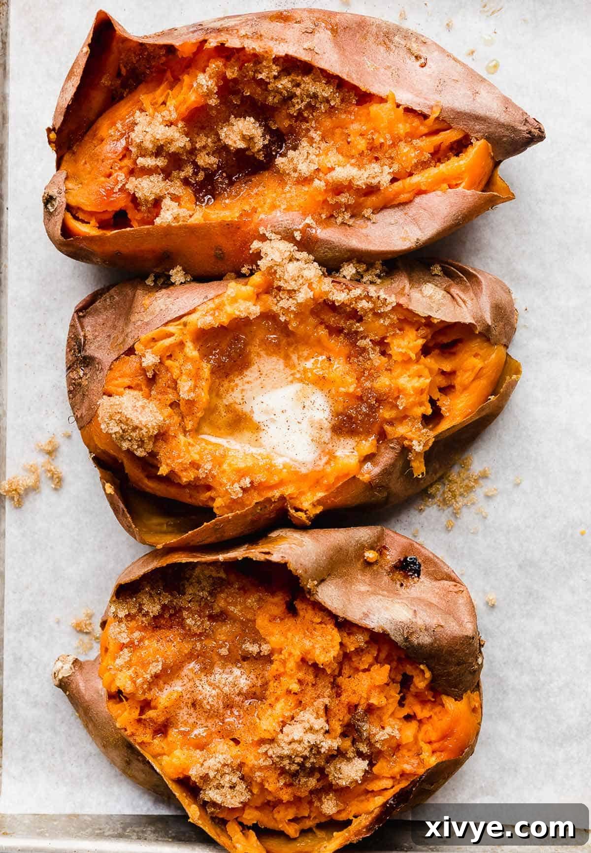 Golden Baked Sweetness 2 Three Baked Sweet Potatoes split open with melted butter and brown sugar sprinkled overtop.