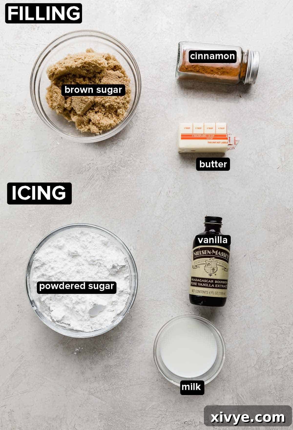 Ingredients used to make Cinnamon Roll Cookies filling and icing on a light gray background.