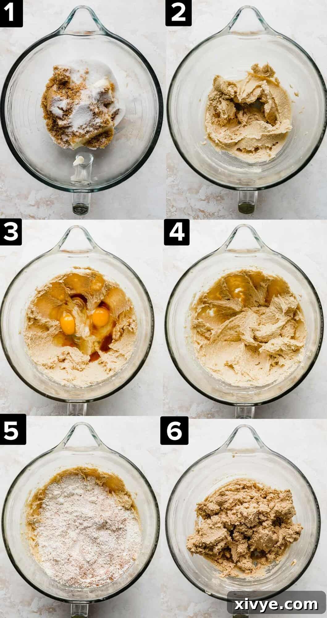 Six photos showing step by step of making cinnamon roll cookie dough, from mixing to chilling.