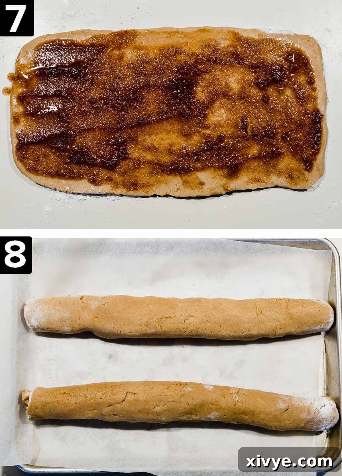 Cinnamon Roll Cookie dough rolled into a rectangle with cinnamon sugar mixture spread overtop, bottom photo shows the dough rolled into a log.